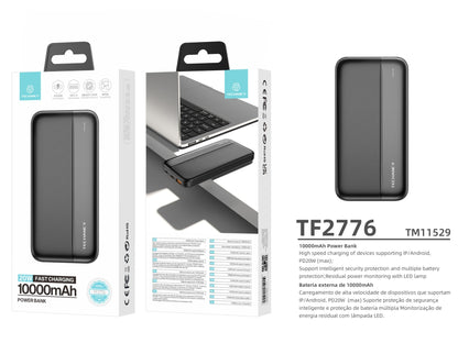 Techancy Power Bank 10000mah Preto TF2776, Carregamento Rápido Pd20w Para Smartphones, Tablets E Muito Mais!